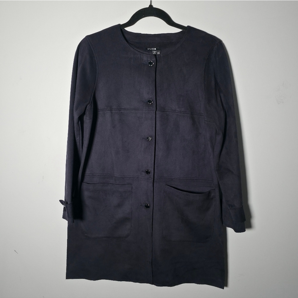 Bylyse Longline Faux Suede Jacket Navy Button Front Pockets Small - Picture 2 of 12